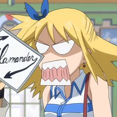 an anime character holding up a sign with the word commander written on it in front of her face