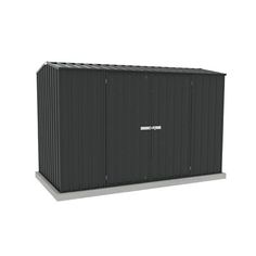 a black storage container sitting on top of a metal stand up structure with the door open