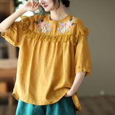 Type: Women Linen T- Shirt Item type: T- Shirt Sleeve length: Short Sleeves Collar type: Round Neck Material: Linen Season: Summer Color: Yellow, Orange and Pink One Size Bust: 122 cm/ 48.03 " Length: 63- 66 cm/ 24.80- 25.98 " Sleeve Length: 28 cm/ 11.02 " Shoulder Width: 47 cm/ 18.50 " Retro Embroidery, Stitching Embroidery, Summer Retro, Linen Tshirts, Embroidery Floral, Vest Shirt, Linen Women, Embroidered Lace, Types Of Collars