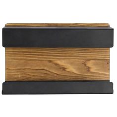 a wooden box with black metal trim on it's sides and wood grained edges