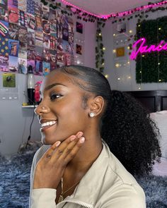 4c Slick Back Ponytail With Weave, Sleek Curly Ponytail Natural Hair, Slick Back Drawstring Ponytail, Slick Back With Curly Ponytail, Low Afro Puff Ponytail, Slick Back Puff Natural Hair, Puff Ponytail Hairstyles, Slick Back Puff, Diy Buns