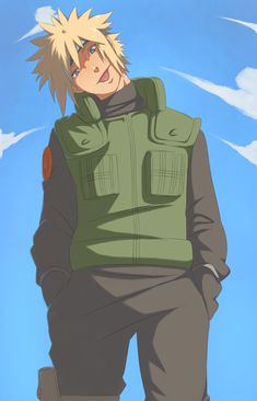 an anime character with blonde hair and green jacket standing in front of a blue sky