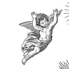 an angel is flying through the sky with rays coming out from behind it, vintage line drawing or engraving illustration