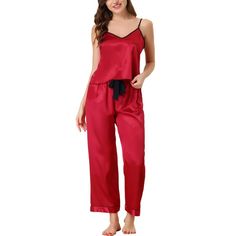 Great for loungewear, nightwear, sleepwear, home bedroom, and daily wear. This loungewear pajama set for women is constructed of ice silk, a v-neck, and long pants with an elastic waist, which makes it convenient to take on/off and keeps you pretty and comfortable all day. Featuring solid color, ice silky satin, and palazzo pants design, soft and comfortable, make you feel cozy all night, and enjoy a comfortable sleep and sweet dream. No matter the cozy bedtime, casual home relaxation, laze afte Red Sleeveless Sleepwear For Pajama Party, Red Sleeveless Sleepwear For Sleepover, Satin Nightwear, Indoor Living Room, Pajamas All Day, Pants With Elastic Waist, Satin Pajama, Silk Sleepwear, Silk Set