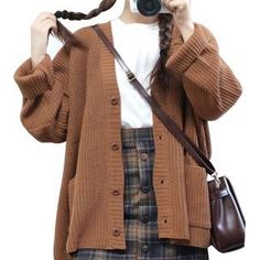 Buy Little Cuke Knit Cardigan at YesStyle.com! Quality products at remarkable prices. FREE Worldwide Shipping available! Moda Ulzzang, Knitted Clothes, Grunge Look, Caroline Forbes, Korean Fashion Trends, Dark Yellow, Plaid Skirt, 가을 패션, Korean Street Fashion