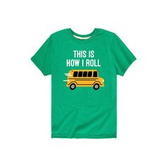 He'll be ready to ace this school year with this boys' school bus "How I Roll" tee. He'll be ready to ace this school year with this boys' school bus "How I Roll" tee. Crewneck Short sleevesFABRIC & CARE Solid colors: cotton Heather colors: cotton, polyester Machine wash Imported Size: Small. Color: Green. Gender: male. Age Group: kids. Pattern: Graphic. Material: Cotton Blend. Green Text Print T-shirt For School, Green Graphic Tee For School, Graphic Material, Kids Pattern, Be Ready, School Bus, Pattern Graphic, School Year, Solid Colors