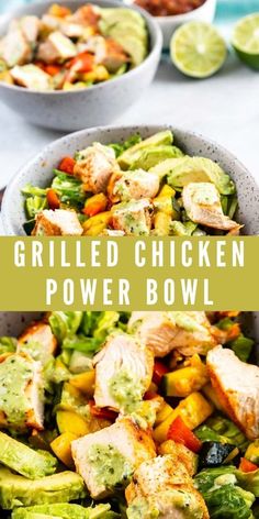 grilled chicken and avocado power bowl with text overlay