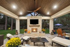 A perfect covered space for outdoor entertaining. Versailles Pattern, Katy Texas, Patio Cover, Room Additions, Fire Features, Katy Tx, Pergola Patio, Outdoor Retreat, Screened In Porch