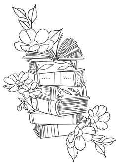 a stack of books with flowers and leaves on top of each book is shown in black and white