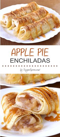 apple pie enchiladas with caramel drizzled on top and bottom