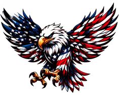 an eagle with the american flag colors on it's wings is shown in this image