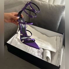 Gorgeous Strap Versace Heels In Dark Orchid Color, Brand New In Box Straight From Versace Store. Straps Are Adjustable. No Refunds Or Exchanges. Details & Care A Willowy, Brand-Engraved Metal Heel Lofts This Runway-Featured Lambskin Sandal Styled With Five Buckle-Closure Straps From The Ankle To The Beyond-Pointy Toe. 4 1/4" (110mm) Heel (Size 37.5) 5 1/4" Strap Height Back Zip Closure; Five Adjustable Straps With Buckle Closures Leather And Textile Upper/Leather Lining And Sole Made In Italy Wo Luxury Purple Evening Sandals, Designer Purple Sandals For Formal Occasions, Luxury Purple Heels For Party Occasions, Designer Purple Heels For Party, Versace Shoes Heels, Versace Store, Versace Pumps, Versace Heels, Dark Orchid