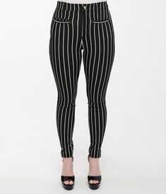 These black and white striped ankle pants, in collaboration with Disney, are perfect for adding a pop of color to any outfit. The material is stretchy and comfortable, making them ideal for everyday wear. The back pockets features a print of The Pumpkin King, Jack Skellington himself. Complete with a front zipper, button closure and front and back pockets..Available in sizes XS-5X while supplies last. | Disney The Nightmare Before Christmas Collection By Unique Vintage Black & White Stripe Jack The Pumpkin King, Pumpkin King, The Nightmare Before Christmas, The Nightmare, Christmas Collection, Jack Skellington, Stretch Pants, Ankle Pants, Nightmare Before