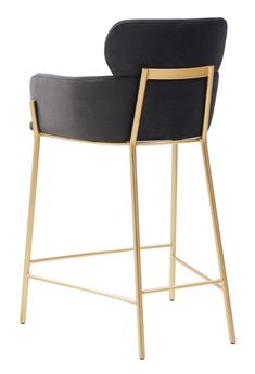 an upholstered bar stool with gold frame and black leather seat, viewed from the front