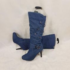 Party Mid-calf Heeled Boots, Fitted Mid-calf Party Boots, Trendy Knee-high Denim Boots, Trendy Denim Knee-high Boots, Summer Heeled Boots With Round Toe, Fitted Denim Knee-high Boots, Party Mid-calf Boots, Fitted Mid-calf Boots For Party, Denim Blue Pointed Toe Party Boots