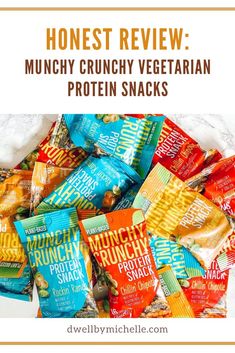 honest review crunchy vegetarian protein snacks on a white table with text overlay