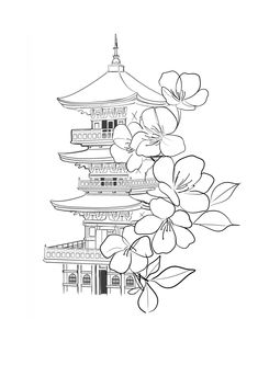 a black and white drawing of flowers in front of a pagoda