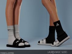 two women's feet with black and white socks