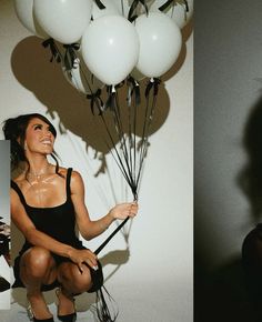 a woman sitting on a chair with balloons in front of her and an image of herself