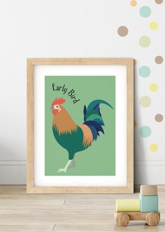 a framed print with a rooster on it's back and the words early bird