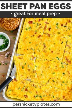 an egg casserole in a pan with the text overlay that reads sheet pan eggs great for meal prep