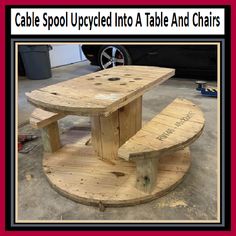 a table made out of pallet wood with two benches on it and the words genius cable spool upcycled into a table and chairs spotted on pinterest