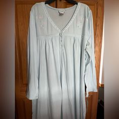 Women’s Brand New Night Gown 60% Cotton 40% Polyester Long Sleeves Ruffle At Length W 25” Arm Pit To Arm Pit L 46” 3 Buttons For Closure V Neck Very Comfortable Light Blue Long Sleeve Nightgown For Spring, Light Blue Long Sleeve Nightgown For Sleep, Light Blue Long Sleeve Nightgown, Blue Spring Nightgown For Overnight, Blue Nightgown For Spring, Linen Nightgown, Boho Bandeau, Beach Kimono, Christmas Onesie