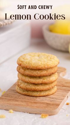 soft and chewy lemon cookies stacked on wooden tray. Soft Lemon Cookies, Lemon Cookie Recipe, Lemon Sugar Cookie, Easy No Bake Cookies, Lemon Cookie, Lemon Cookies Recipes, Lemon Sugar Cookies, Dessert Bar Recipe, Cookie Brownie Bars