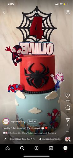 a spiderman birthday cake with the number four on it's top and name