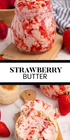 strawberry butter in a jar with strawberries around it