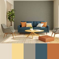 a living room filled with furniture and color swatches