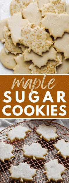 maple sugar cookies on a cooling rack with the words maple sugar cookies in front of them