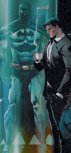 a man holding a cup next to a batman