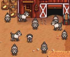 an old - school computer game with sheep in front of a barn and other farm animals