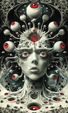 a woman's face with red eyes surrounded by white circles and spheres on her head