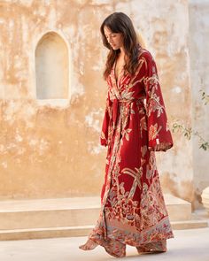 Our Maxi Kaftan wraps you in effortless grace, offering a fit that feels natural and relaxed. With its flowing shape and timeless design, it brings a perfect balance of comfort and elegance to your everyday moments. Bohemian Floral Print Wrap Maxi Dress, Elegant Red Floral Print Kaftan, Elegant Maxi Length Kimono For Festivals, Elegant Maxi Length Festival Kimono, Maxi Kaftan, Kaftan Maxi Dress, Short Kimono, Everyday Moments, Viscose Fabric