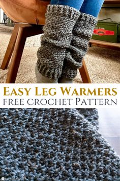 the legs and leg warmers are crocheted in gray yarn, with text overlay