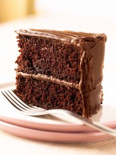 a slice of chocolate cake on a plate with a fork