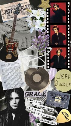 a collage of photos and music related items