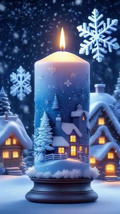 a lit candle in the middle of a snowy scene with houses and snowflakes