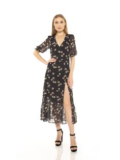 TINSLEY V NECK SIDE SLIT RUFFLE DRESS - ALEXIA ADMOR Dress Guide, Floral Sheath Dress, Suede Dress, Midi Sheath Dress, Lace Sheath Dress, Midi Short Sleeve Dress, Midi Length Dress, Sheer Dress, Black Midi Dress