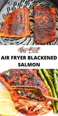 the best air fryer blackened salmon recipe with asparagus and lemon wedges