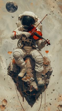 an astronaut sitting on top of a rock with a violin