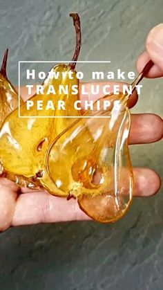 a person holding a piece of glass with the words how to make translucent pear chips