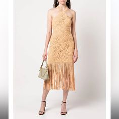 New With Tag Alisa Embroidered Fringe Midi Dress Rattan Brown Cotton Alisa Embroidered Fringe Midi Dress From Jonathan Simkhai Featuring Embroidered Design, Fringed Edge, Halterneck, Concealed Rear Zip Fastening, Mid-Length And Fitted Silhouette. Imported Composition Lining: Nylon 86% Body: Cotton 100% Washing Instructions Dry Clean Only Fringe Midi Dress, Halter Neck Midi Dress, White Tank Dress, Ribbed Bodycon Midi Dress, Dress With Fringe, Orange Midi Dress, Black Lace Midi Dress, Knit Wrap Dress, Midi Ruffle Dress