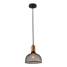 a light that is hanging from the ceiling with an iron wire and wood frame on it