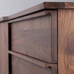 a close up of a wooden cabinet with two drawers