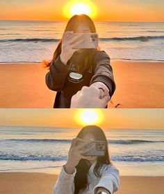 a woman taking a selfie on the beach at sunset