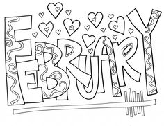 a coloring page with the word friday written in large letters and hearts above it,