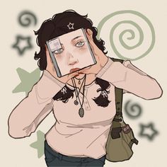 a drawing of a woman covering her face with one hand and looking at the camera